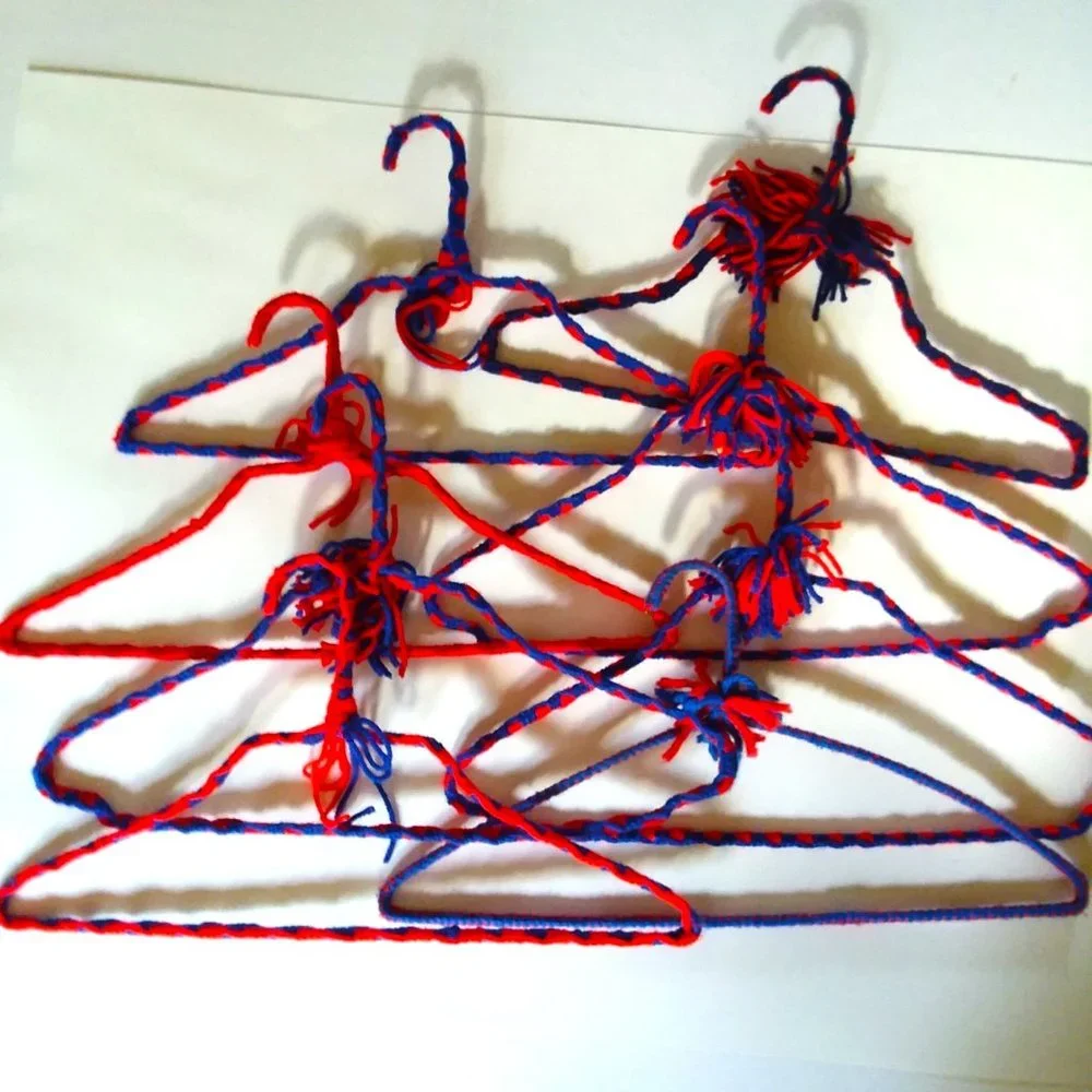Crocheted Hangers 8 VTG 70s Pom Poms Handmade Metal Boho Retro Granny Knit